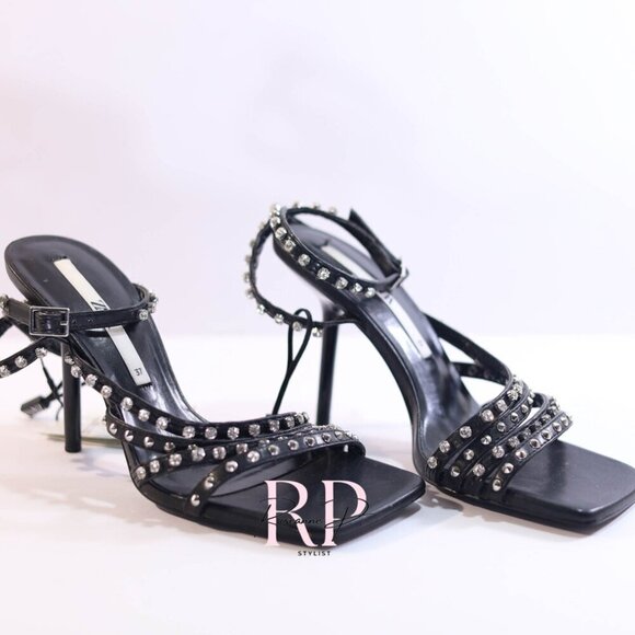 Zara black crystal rhinestone studded embellished sandal high heel Sz 37 NWT - Picture 2 of 7